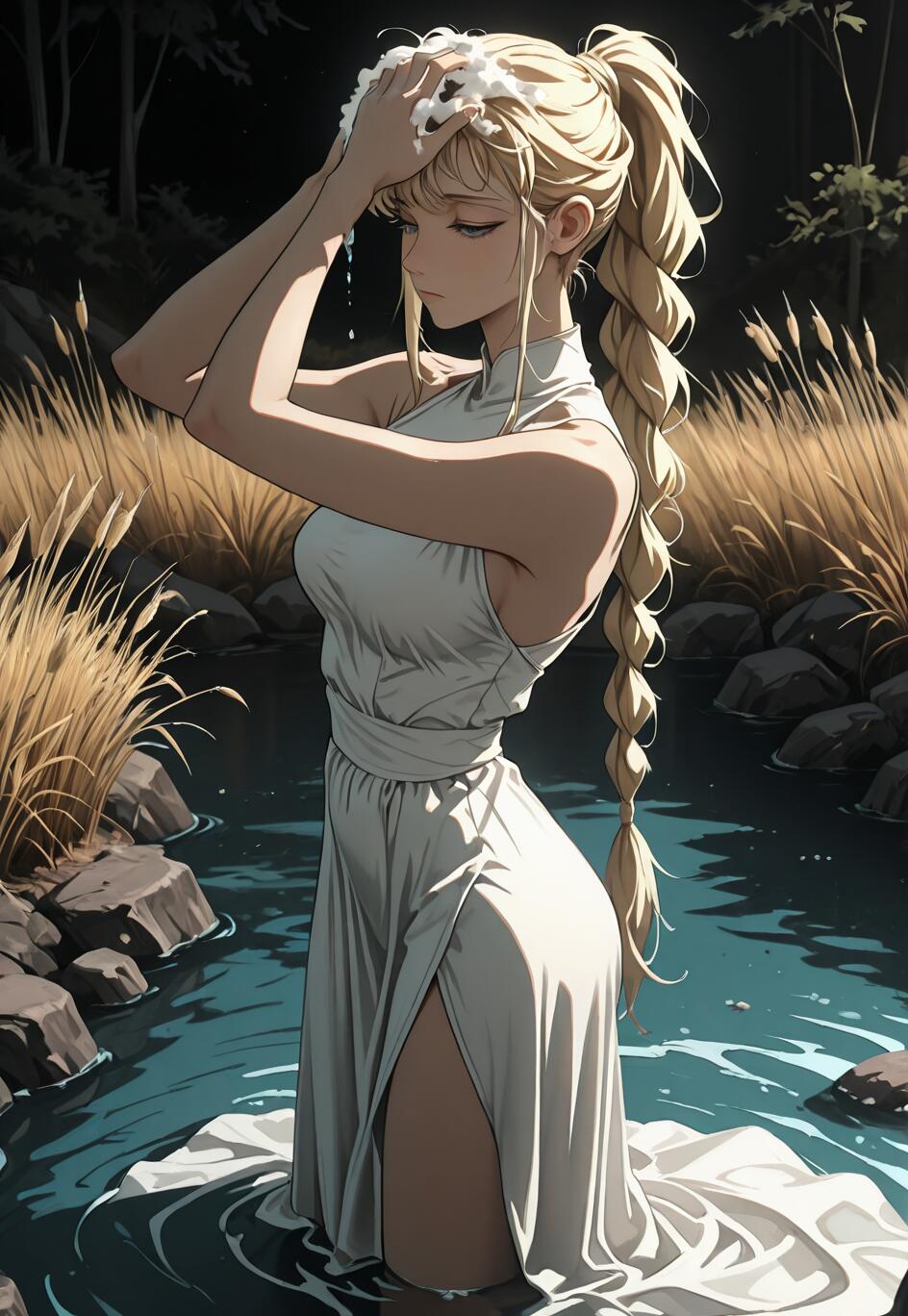 An anime-style illustration of a young woman with a long, braided blonde ponytail standing in a river at night, washing her sudsy hair while wearing a long white dress.