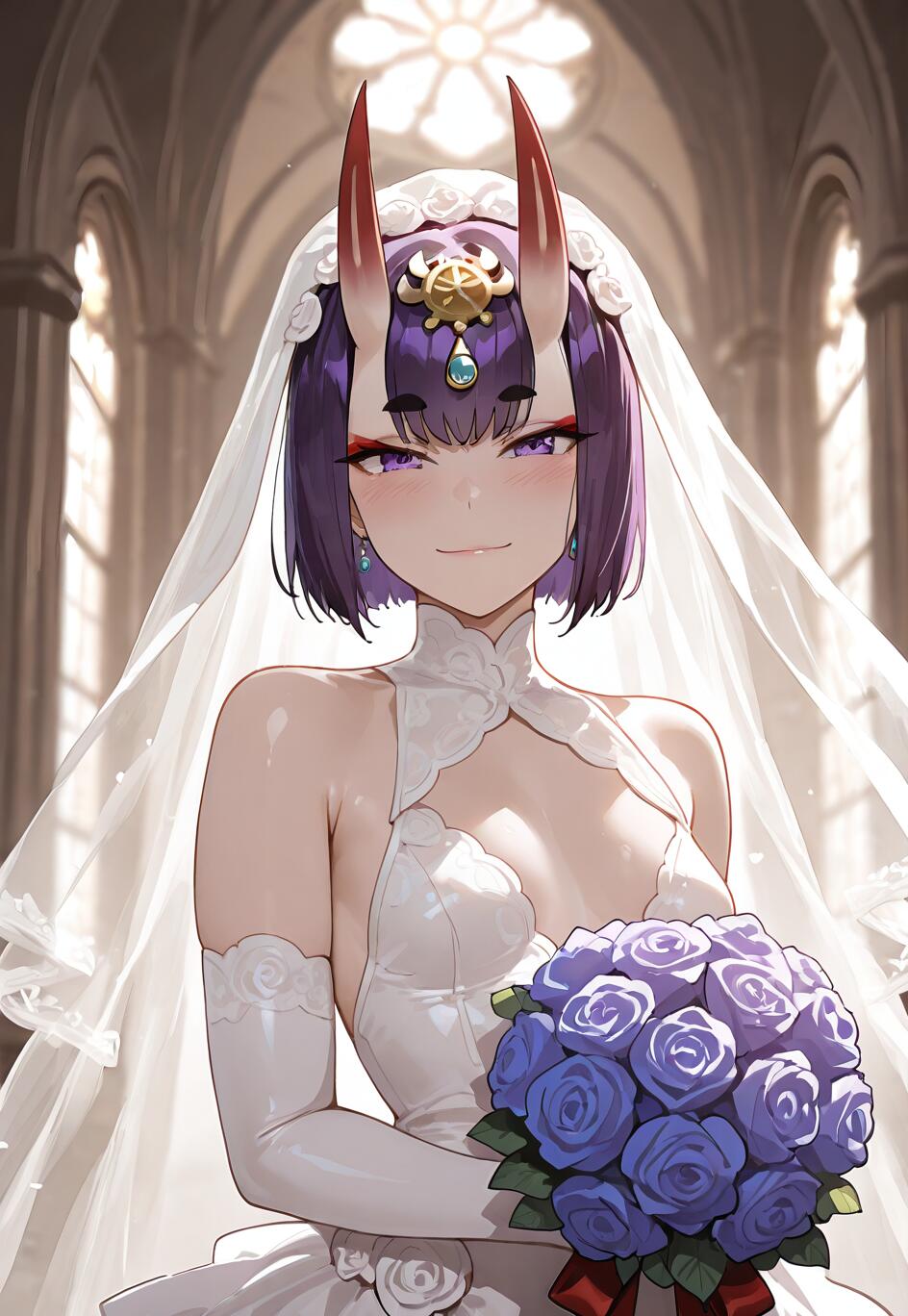 Shuten Douji from Fate/Grand Order as a bride, smiling in a white wedding dress and veil inside a church, holding a bouquet of blue roses.
