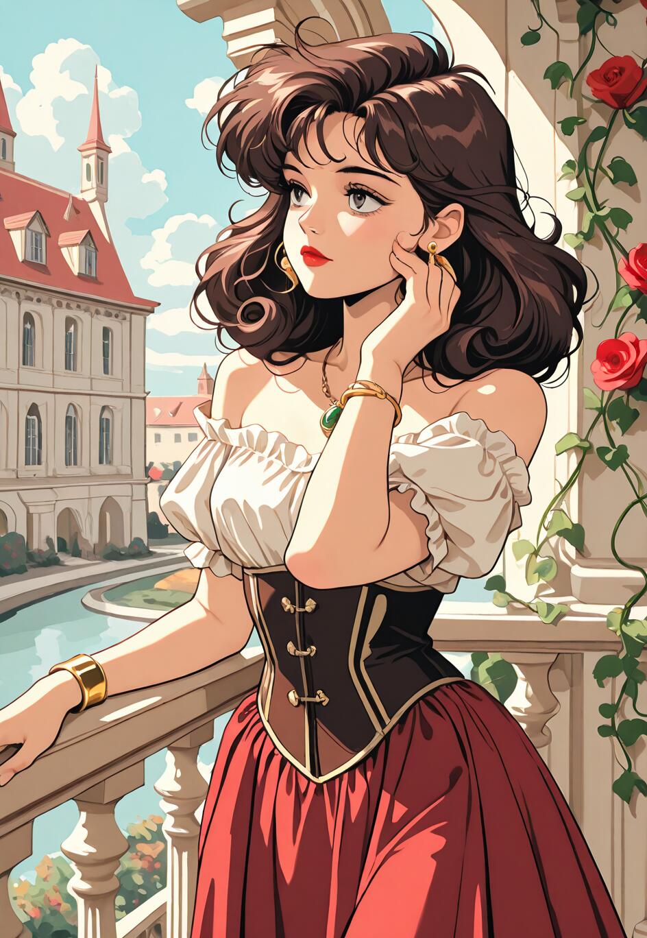 An anime-style illustration of a young woman with dark curly hair in a renaissance-style dress, standing on a sunlit balcony overlooking a European city with a canal.