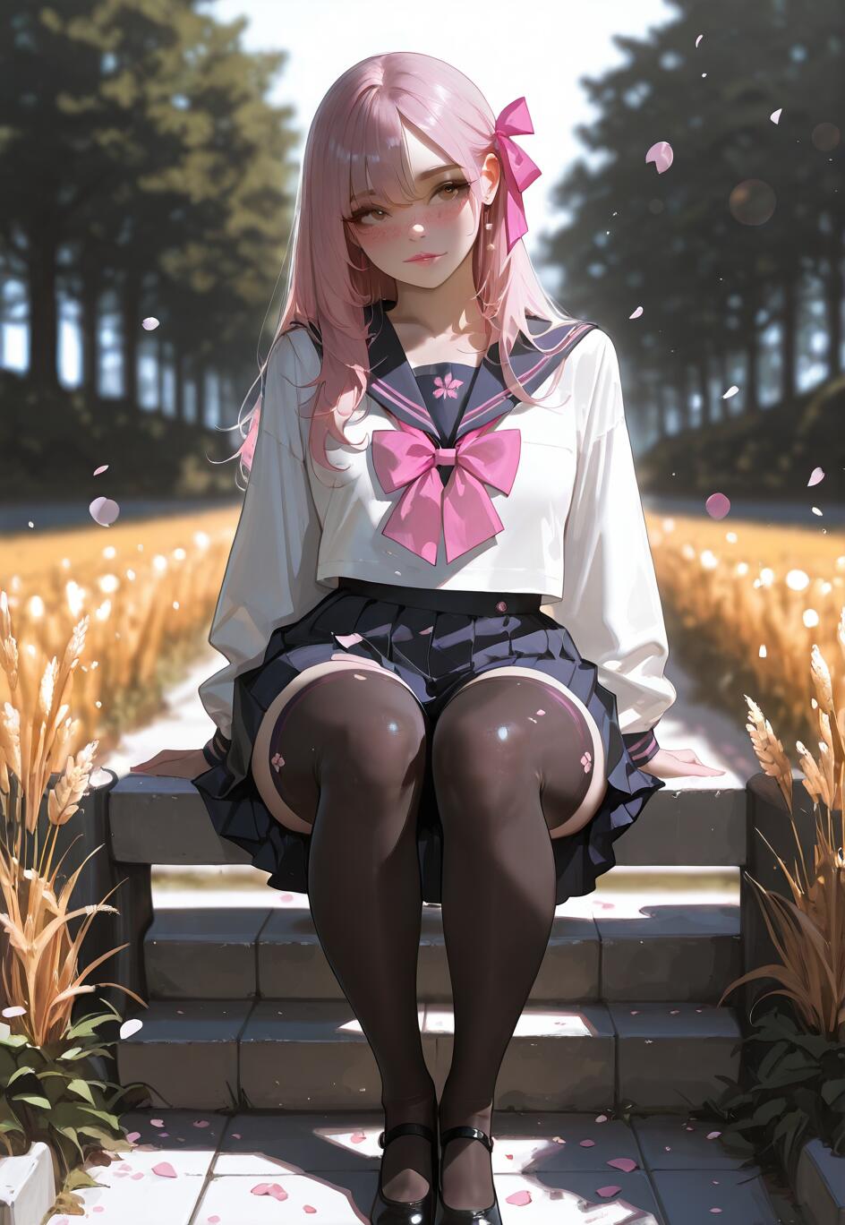 An anime-style illustration of a girl with long pink hair sitting on stone steps. She wears a Japanese school uniform with a white top, blue skirt, a large pink bow, and black thigh-high stockings, surrounded by golden plants and floating pink petals.