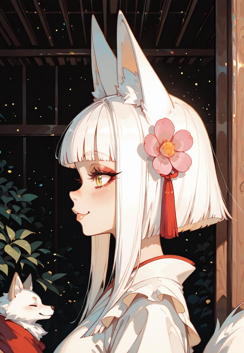A profile illustration of an anime-style girl with short white hair and large white fox ears, wearing a pink flower. She is smiling and holding a small white fox against the backdrop of a Japanese garden at night.