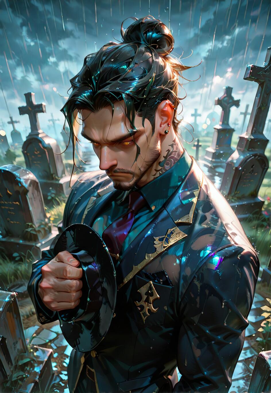 A digital illustration of a handsome man with black hair in a bun and intense, glowing yellow eyes, standing in a rainy graveyard. He is wearing a wet, dark suit with gold trim, has a neck tattoo, and holds a fedora hat to his chest with a solemn expression.