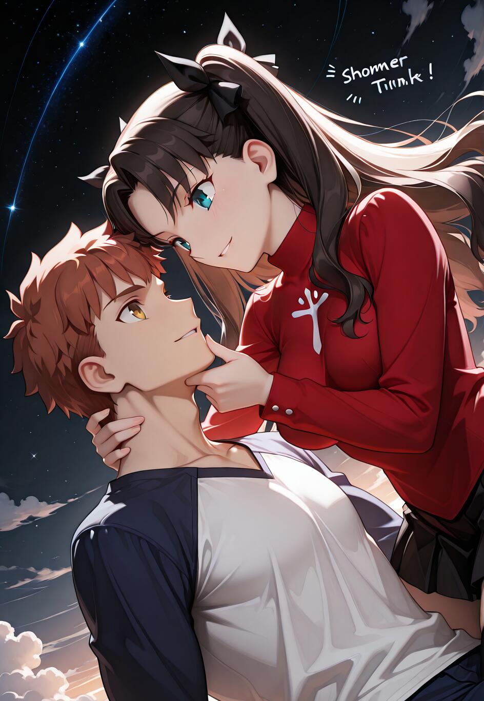 An anime illustration of Tohsaka Rin and Emiya Shirou from Fate/stay night sharing a romantic moment. Rin, with long dark hair and a red sweater, is looking down at Shirou and holding his chin. Shirou, with auburn hair, is looking up at her. The background is a dark, starry night sky with clouds.