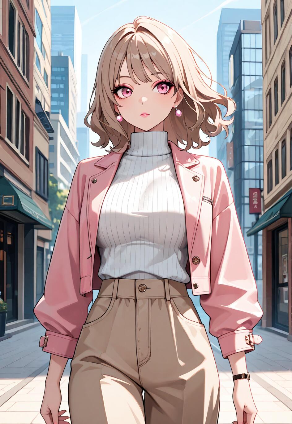 An anime-style illustration of a fashionable young woman with blonde, wavy hair and pink eyes walking down a city street, wearing a pink jacket, white turtleneck, and beige pants.