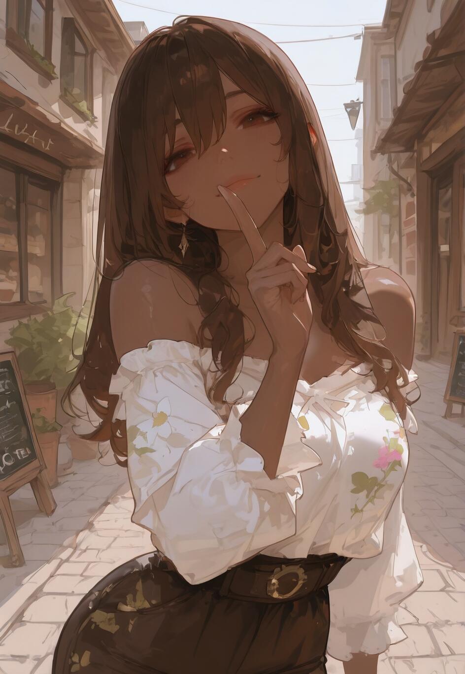 An anime-style illustration of a young woman with long brown hair and dark skin, standing in a sunny alley. She wears a white floral off-the-shoulder top and holds a finger to her lips with a smile.