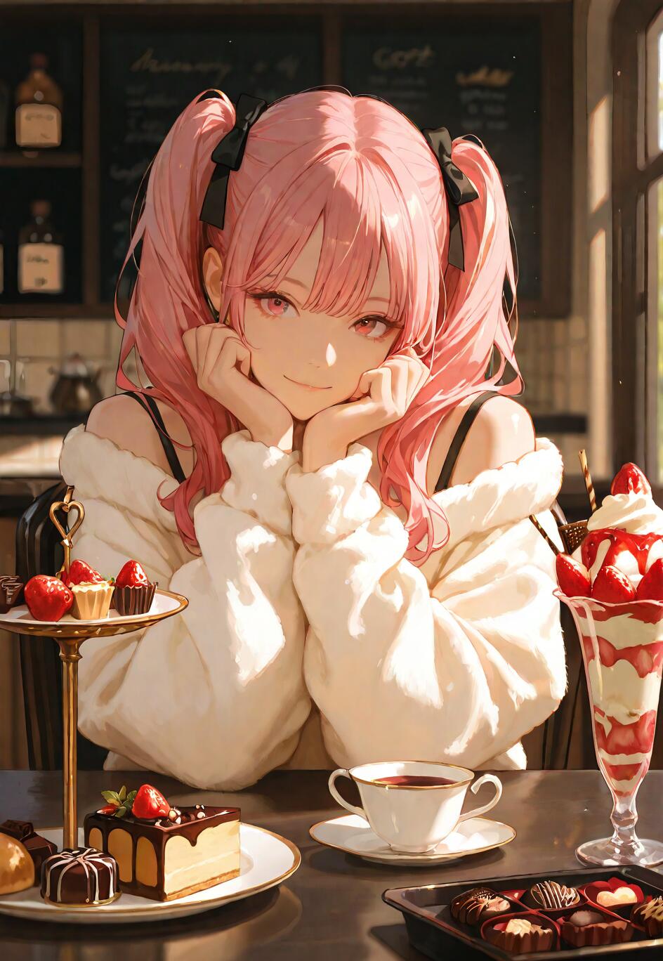 An anime girl with pink hair in twin tails sits at a cafe table laden with desserts. She is wearing a white fluffy sweater and smiling, with her chin resting on her hands. On the table are a strawberry parfait, a slice of cake, a cup of tea, and a dessert stand.