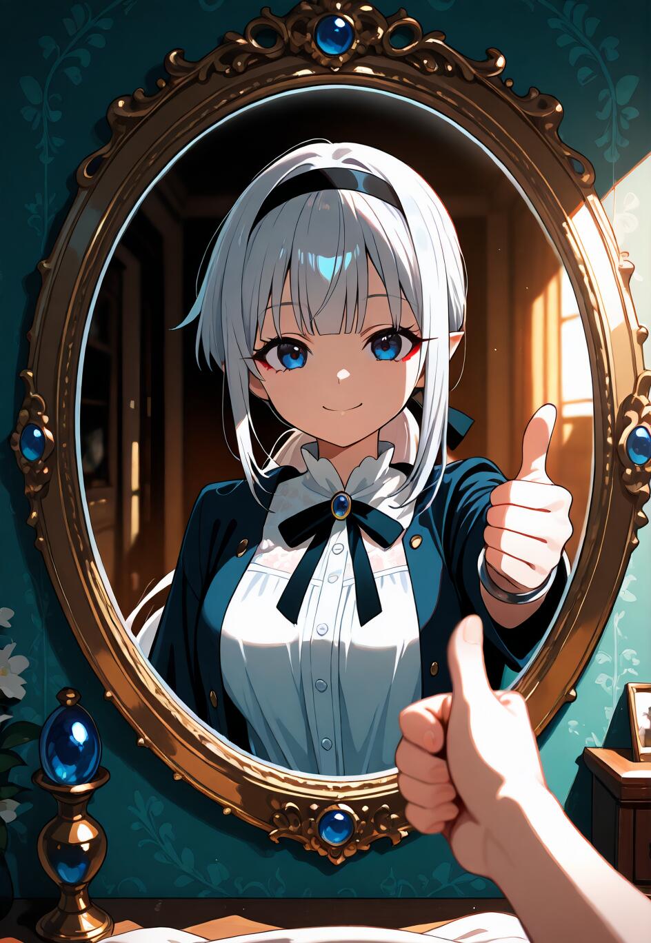 An anime girl with silver hair and pointy ears, Hiragi Popura, smiles and gives a thumbs-up in an ornate mirror, with a hand in the foreground giving a thumbs-up back to her reflection.