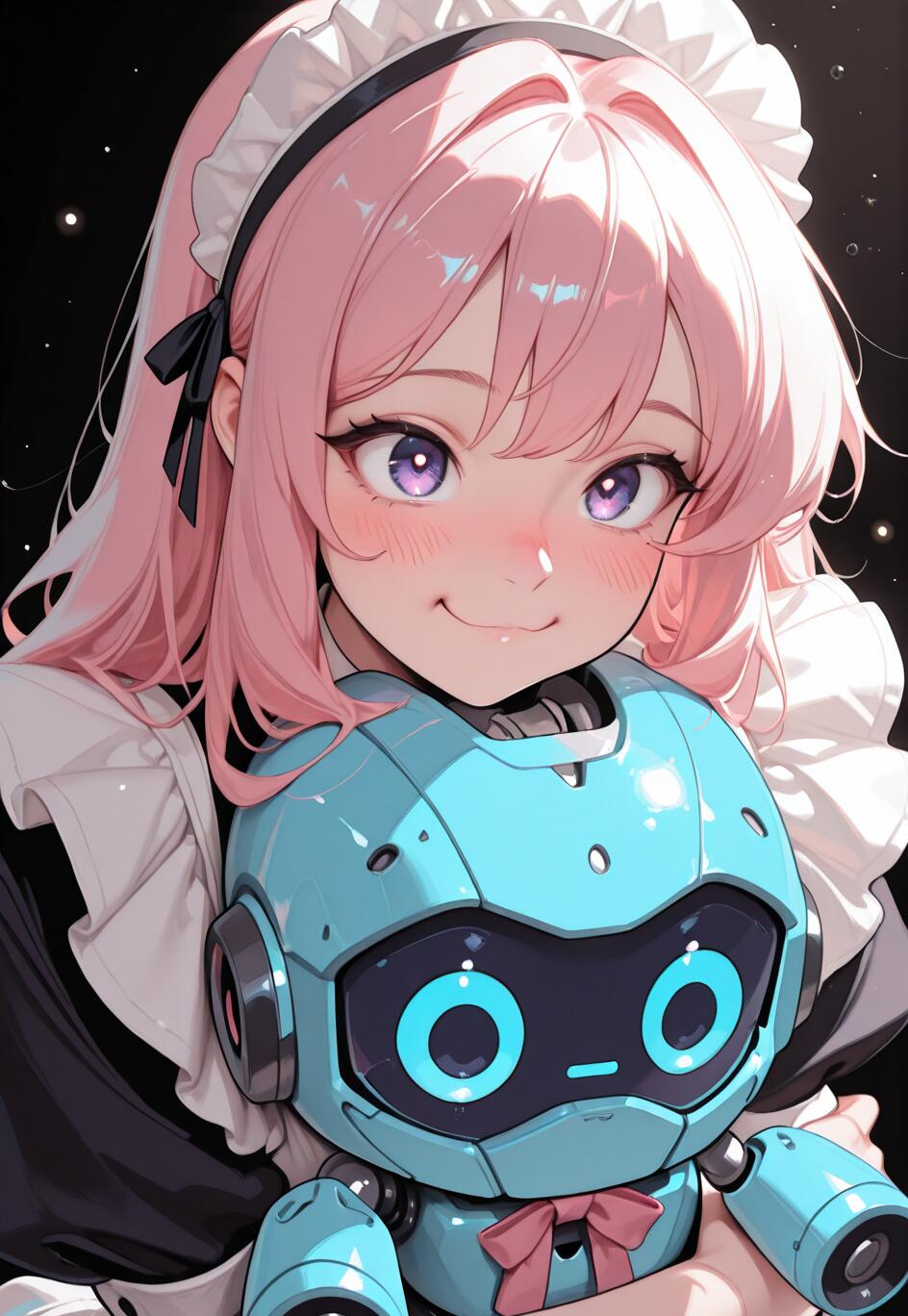 A close-up illustration of a young woman with long pink hair, dressed in a maid outfit, smiling as she lovingly hugs a small, cute blue robot against a starry black background.