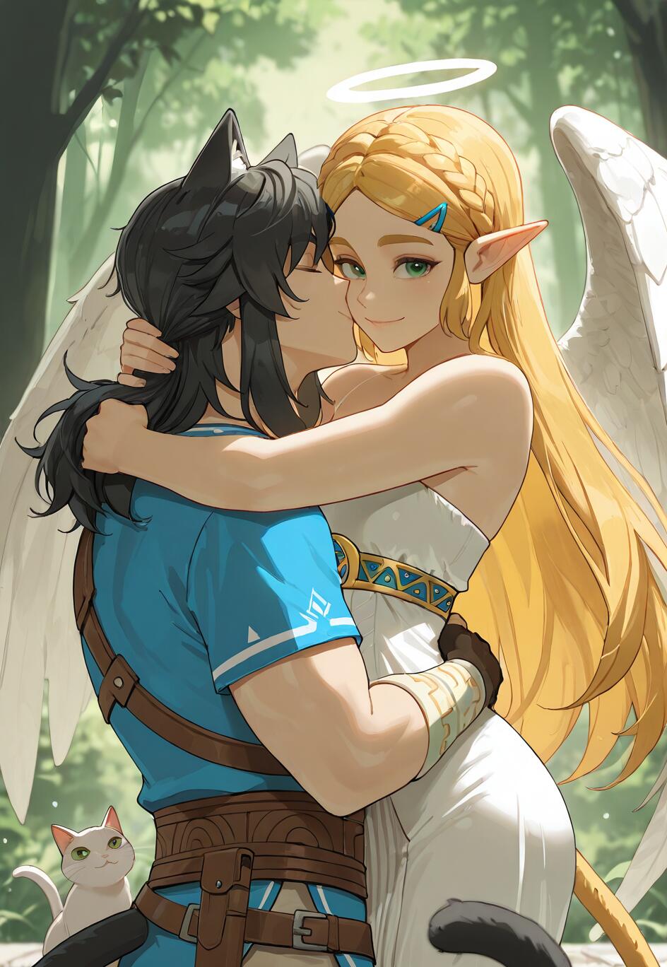 An illustration of Link as a cat boy with black hair and ears embracing and kissing the cheek of Princess Zelda, who is depicted as an angel with blonde hair, a halo, and white wings. They are in a forest, and a small white cat is visible near them.