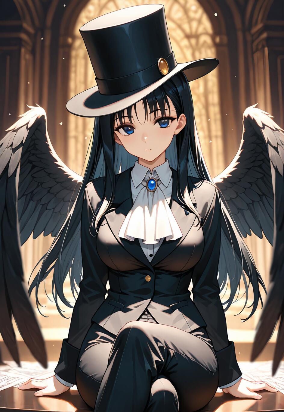 An anime girl with long black hair, blue eyes, and large black angel wings, sitting on a table. She is wearing a black suit, a white ascot, and a black top hat in a grand hall.