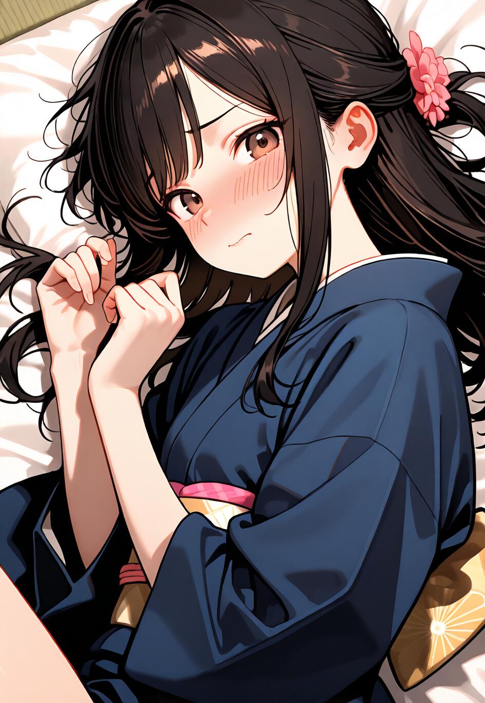 Anime girl in kimono, lying on back, serene expression, traditional attire, long black hair with pink flower