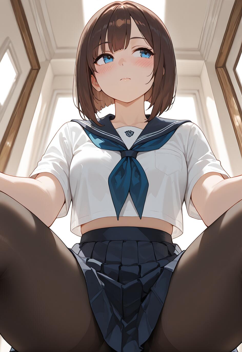 An anime girl with round glasses and a school uniform, seated by a classroom window, bathed in sunlight.