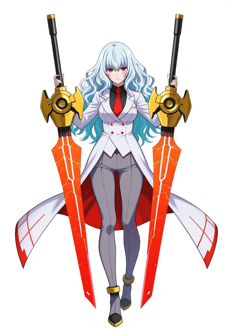 A full-body illustration of an anime girl with long light-blue hair and red eyes, wearing a white coat and holding two large, glowing orange swords against a white background.