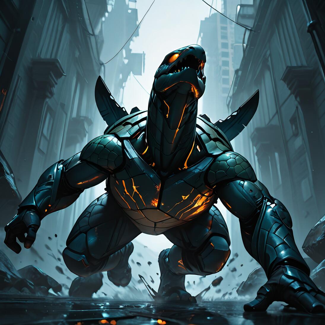 A full-body shot of the giant turtle kaiju Gamera in a dynamic, crouched pose. The monster is heavily armored in dark teal plating with glowing orange cracks of energy on its chest and neck, set within a dark, destroyed city street.