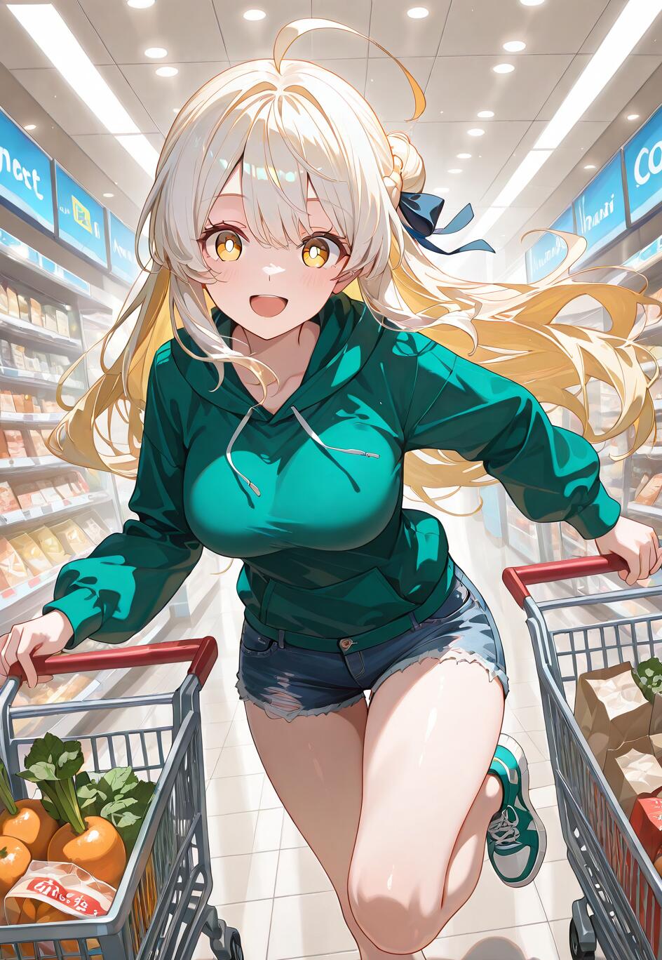 An anime-style illustration of a cheerful blonde girl, Artoria Pendragon (Saber), in a green hoodie and denim shorts, running energetically through a supermarket aisle while pushing two shopping carts filled with groceries.