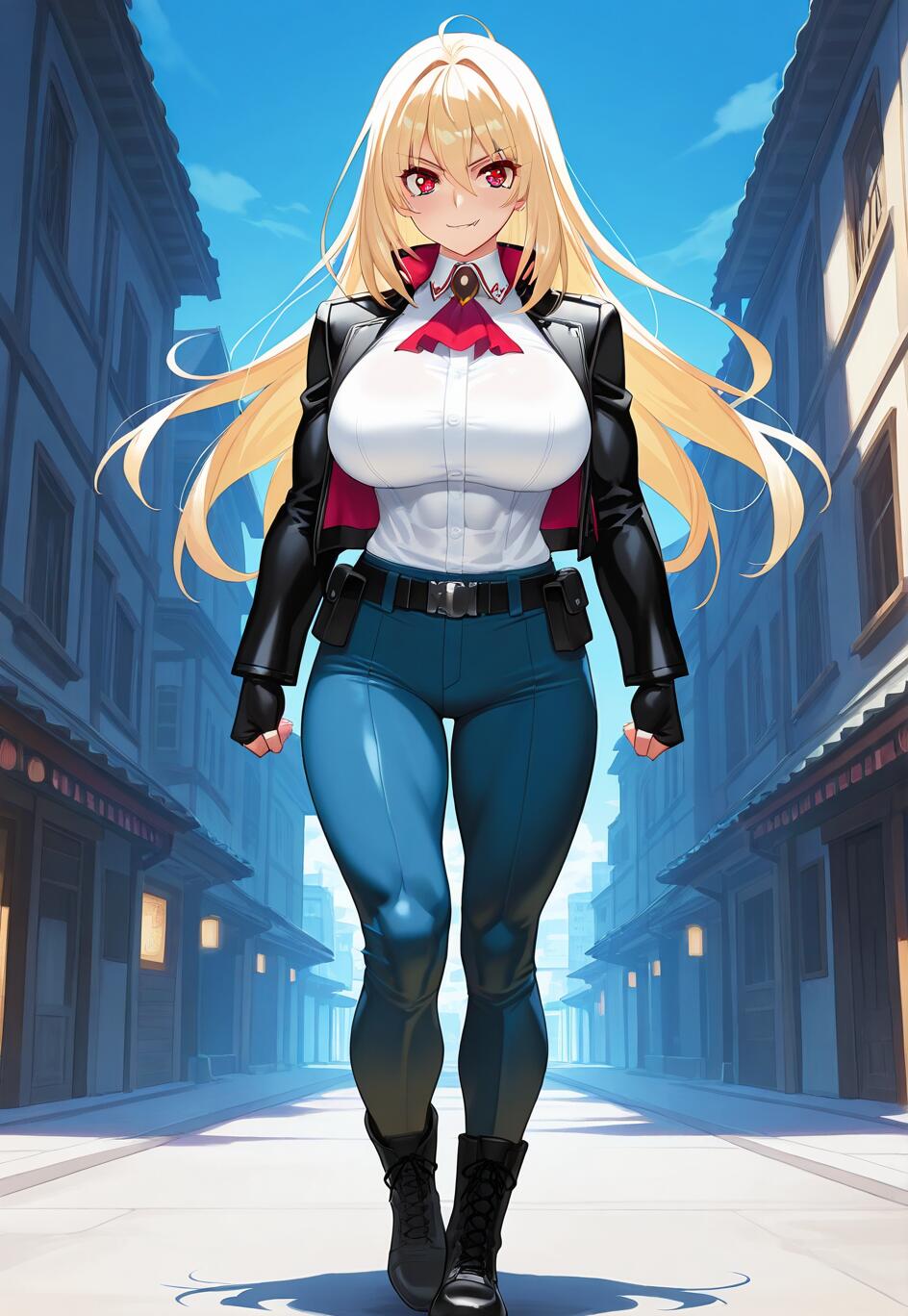 A full-length anime illustration of Asagi Igawa from Taimanin. She has long blonde hair and red eyes, and is walking forward with a confident expression. She is wearing a white shirt, black jacket, blue pants, and black boots on a city street.