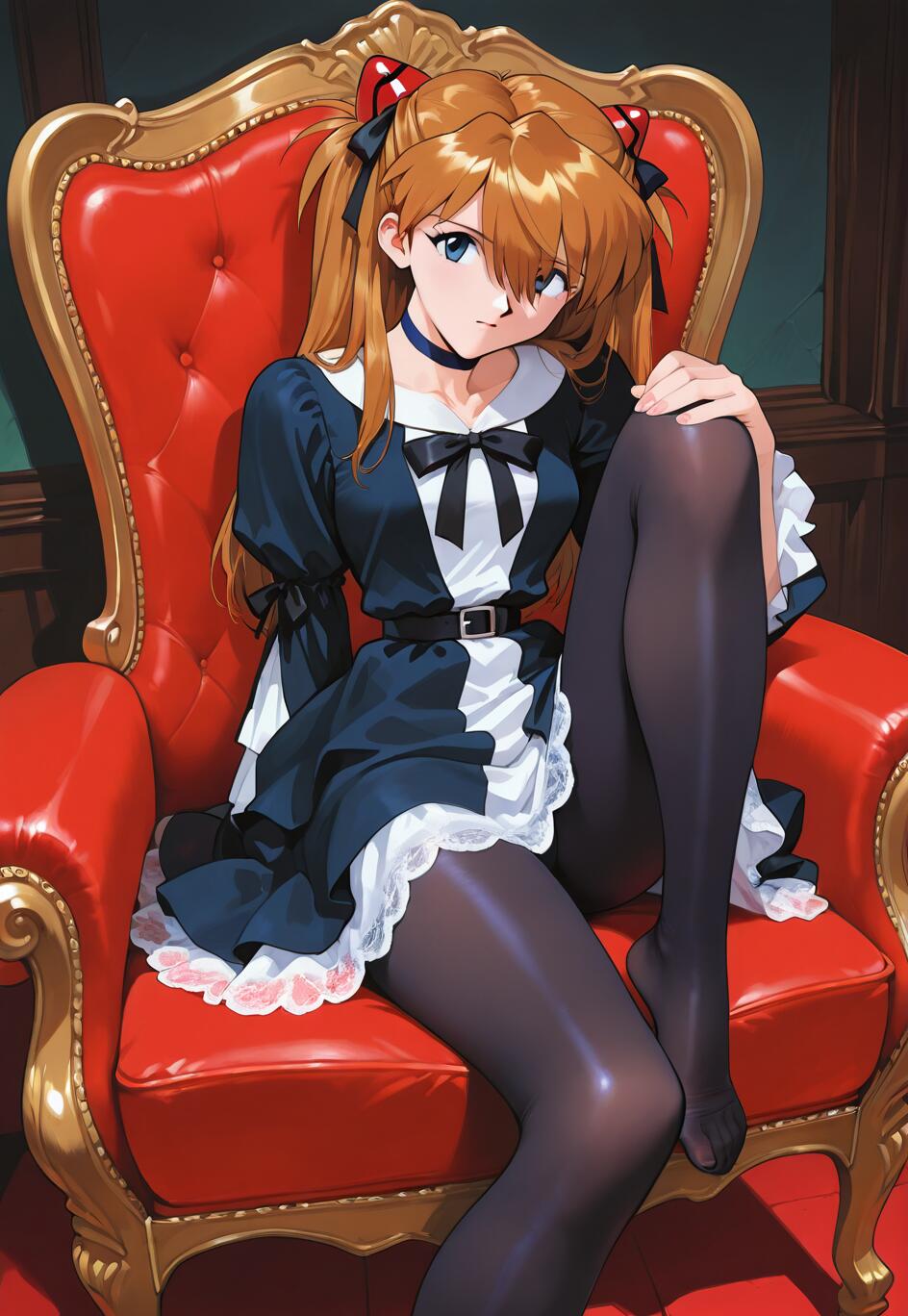 Asuka Langley Soryu from Neon Genesis Evangelion with her signature orange hair in pigtails, sitting in a fancy red and gold armchair. She is wearing a black and white Gothic Lolita dress with black pantyhose and no shoes, looking directly at the camera.
