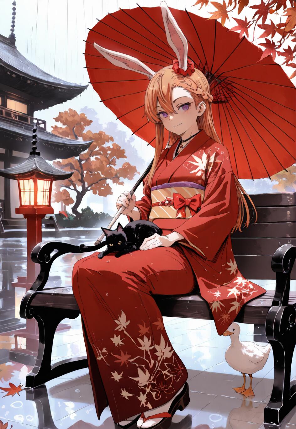 An anime-style girl with orange hair and bunny ears in a red kimono sits on a bench under a red umbrella in a rainy Japanese temple garden. A black cat is on her lap and a white duck is on the ground next to her.