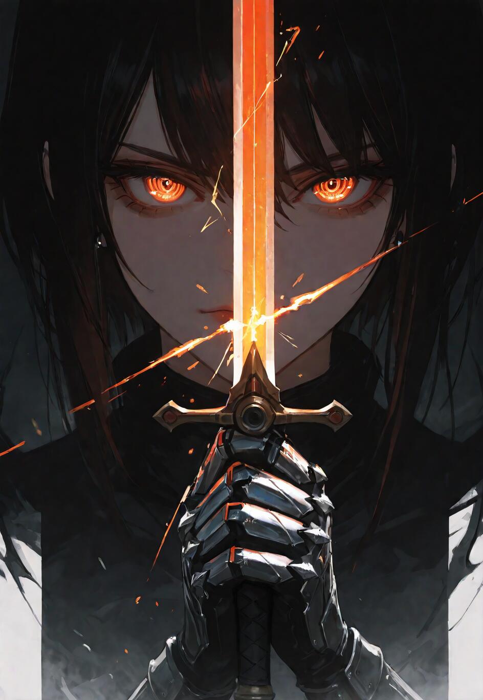 A close-up of a dark-haired anime girl with glowing orange eyes, holding a fiery, incandescent sword vertically in front of her face with armored hands.