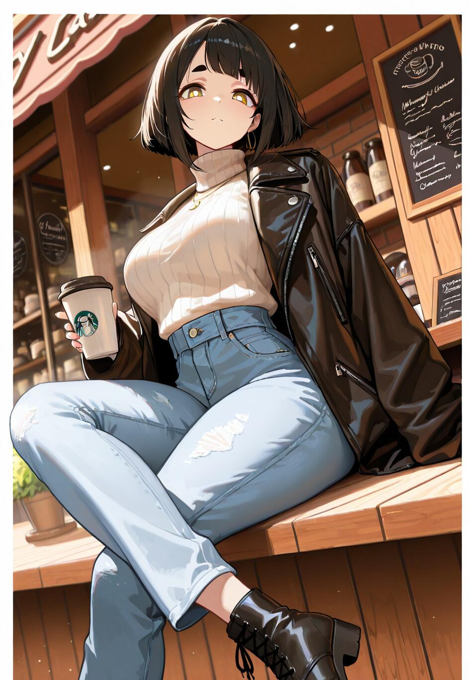 An anime-style illustration of a young woman with short black hair and a leather jacket, sitting on a counter outside a coffee shop and holding a coffee cup.