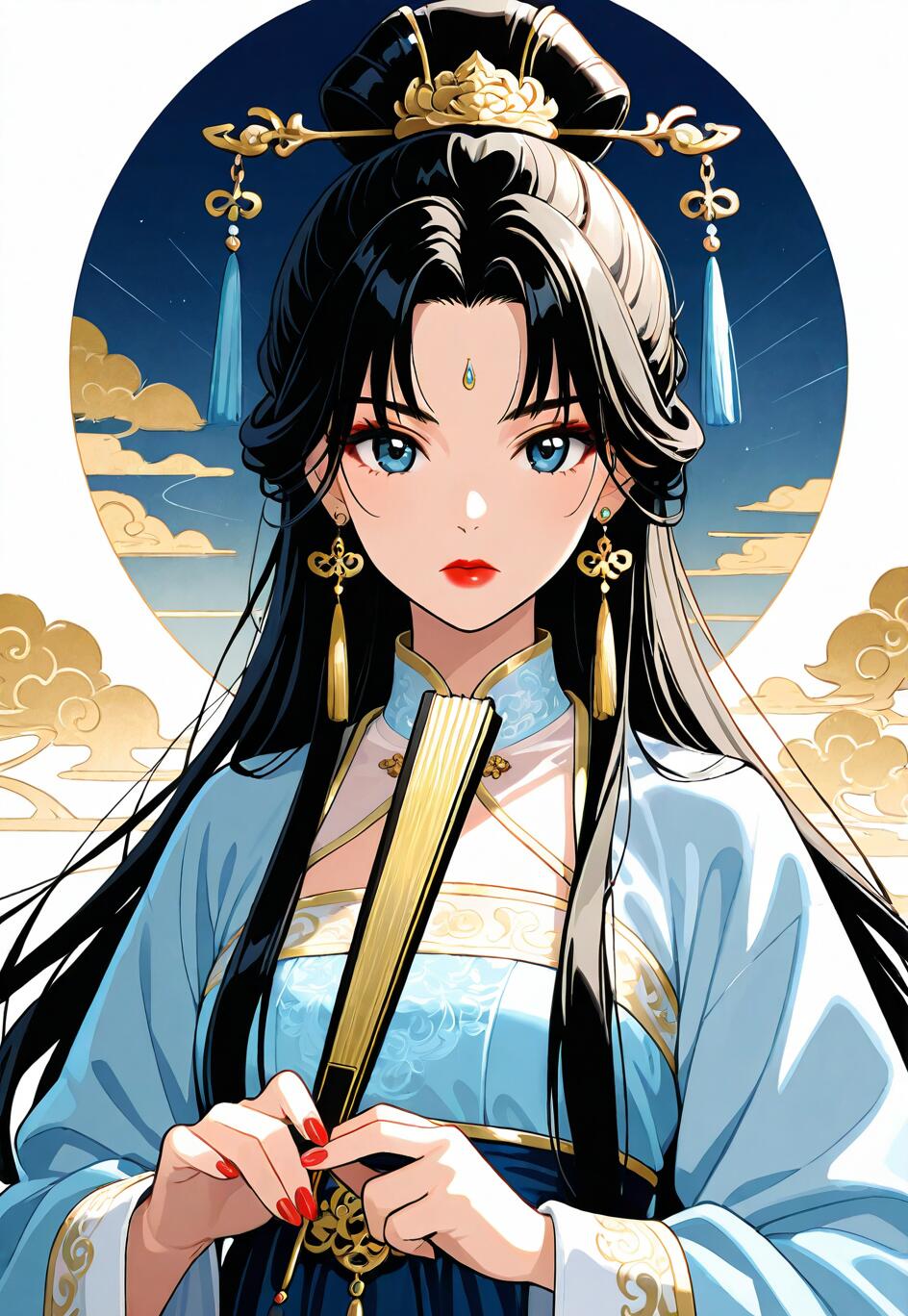An anime-style illustration of a beautiful young woman with long black hair and blue eyes, wearing a traditional blue and gold Chinese hanfu. She holds a golden fan and stands before a circular background of a starry night sky with golden clouds.