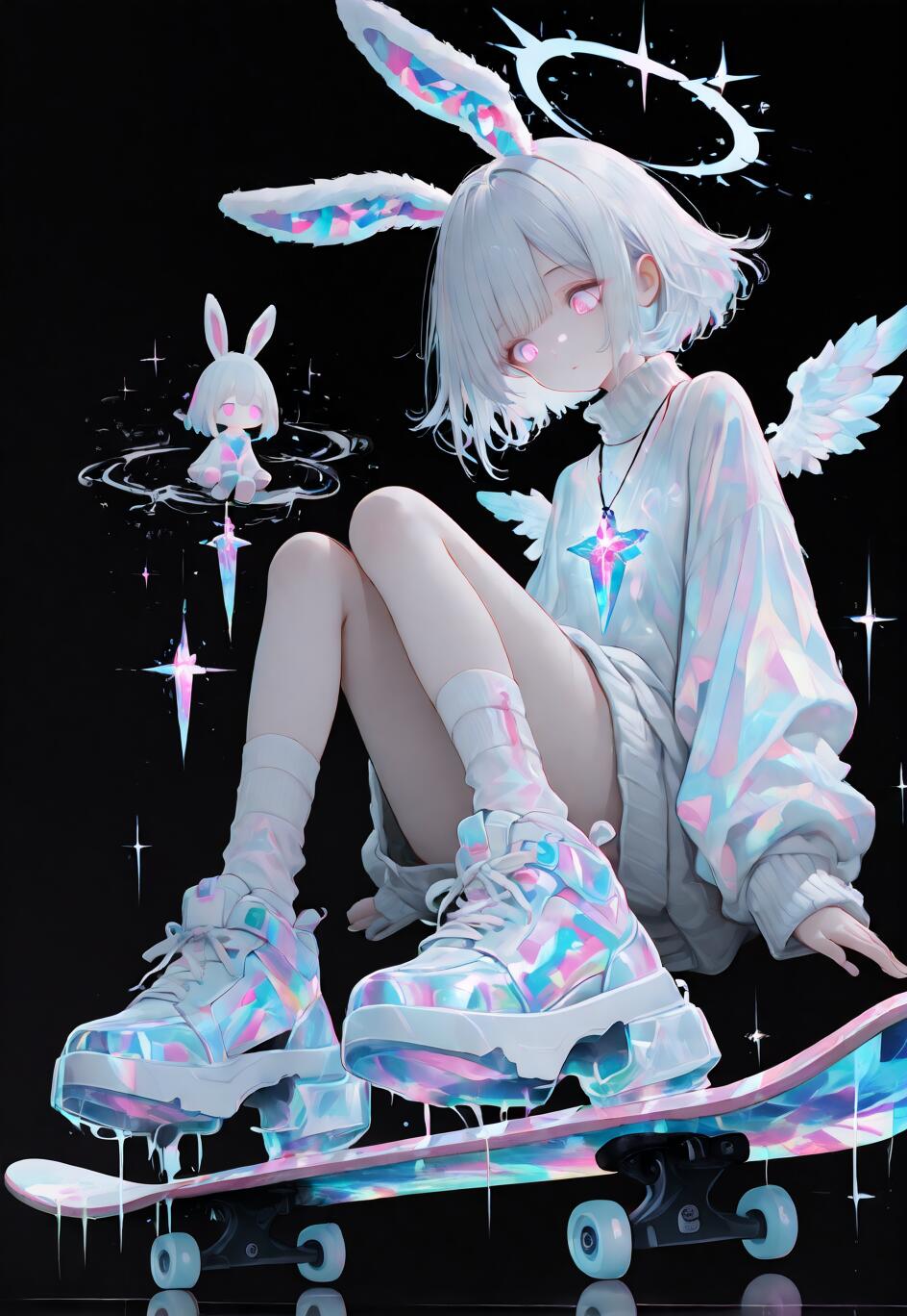 A full-body illustration of an anime girl with white hair, bunny ears, and small angel wings, sitting on a glowing iridescent skateboard against a solid black background.