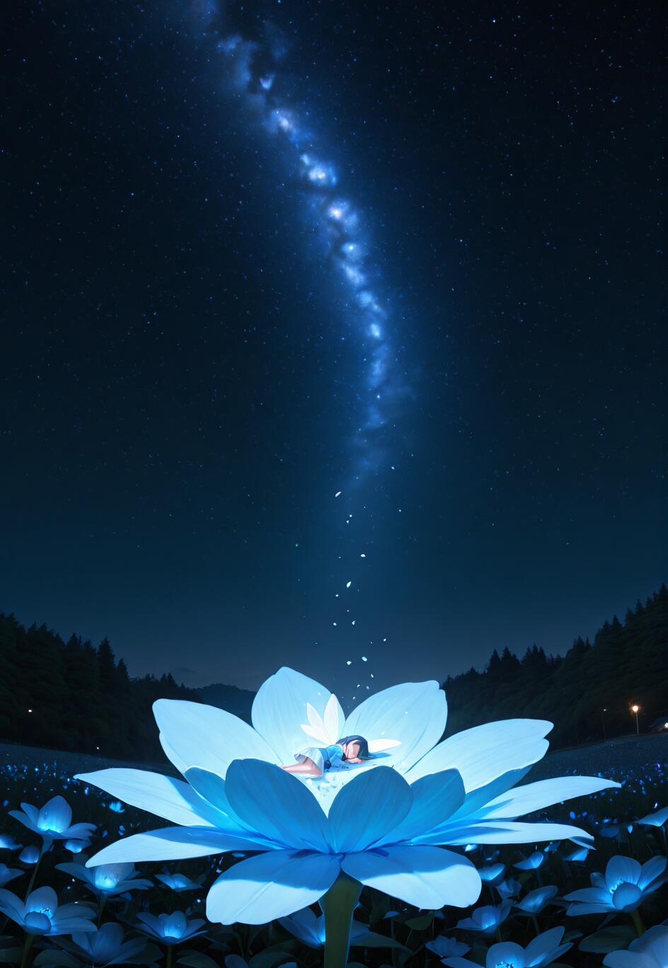 A small girl with dark hair sleeps soundly in the center of a giant, glowing blue flower under a vivid, starry night sky with a band of the Milky Way descending towards her.