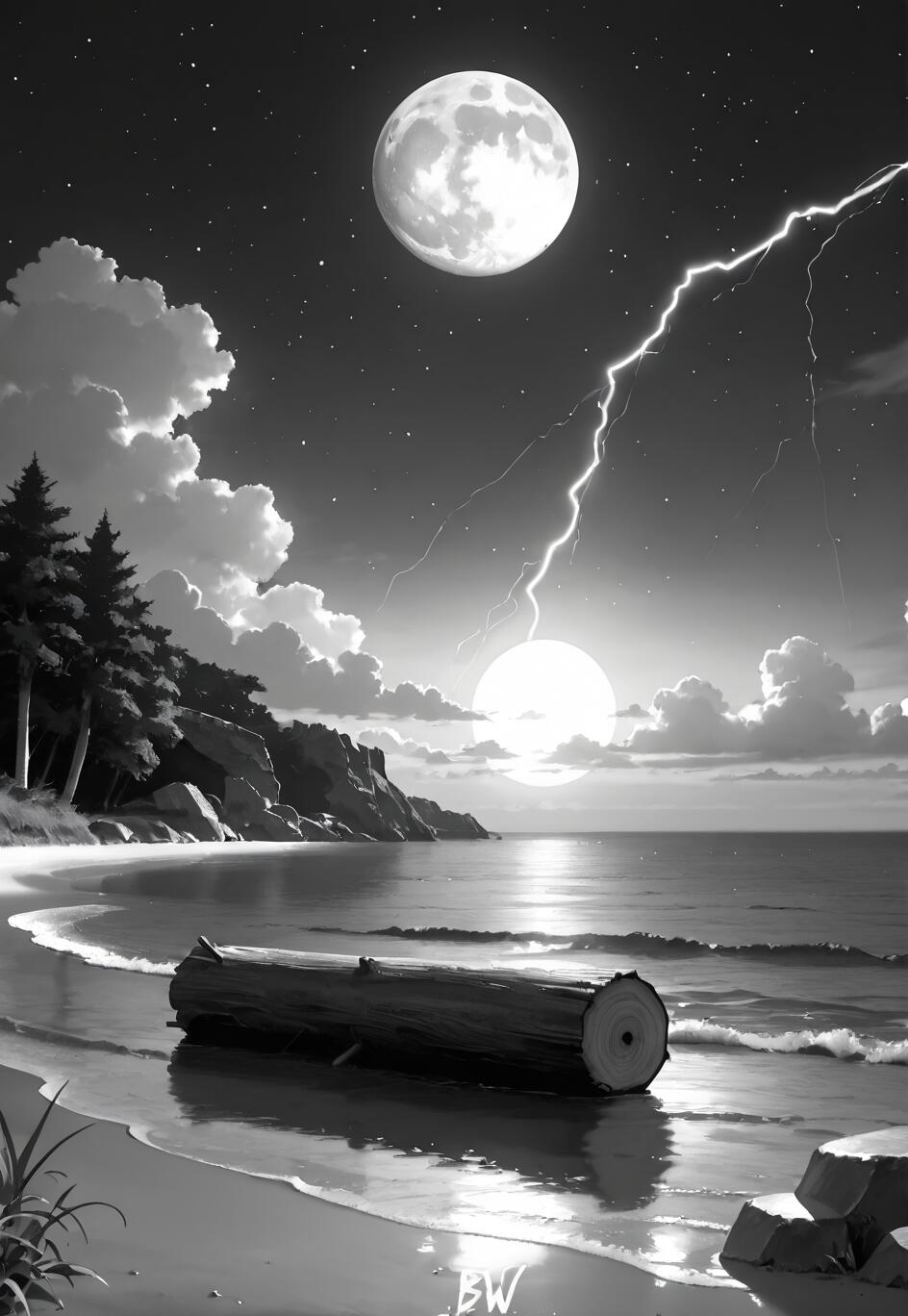 A black and white image of a beach at night. A large full moon and a bolt of lightning are in the starry sky. A log rests on the sand as waves gently wash ashore, with a rocky, forested cliff in the background.