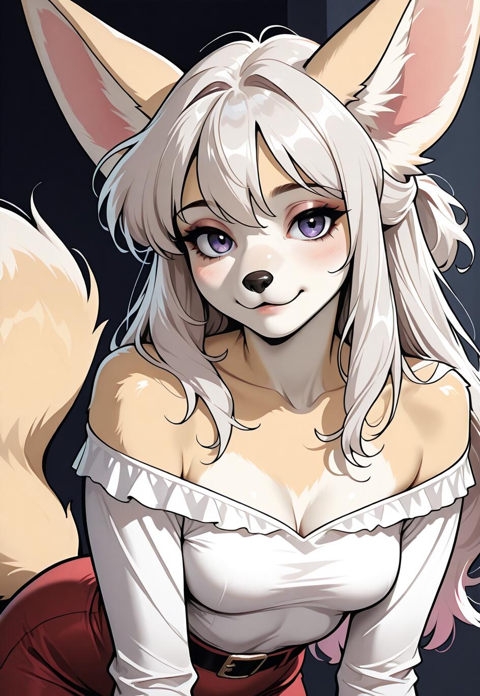 An anime-style illustration of a female fennec fox character with long silver hair and purple eyes, wearing a white off-the-shoulder top and a red skirt.
