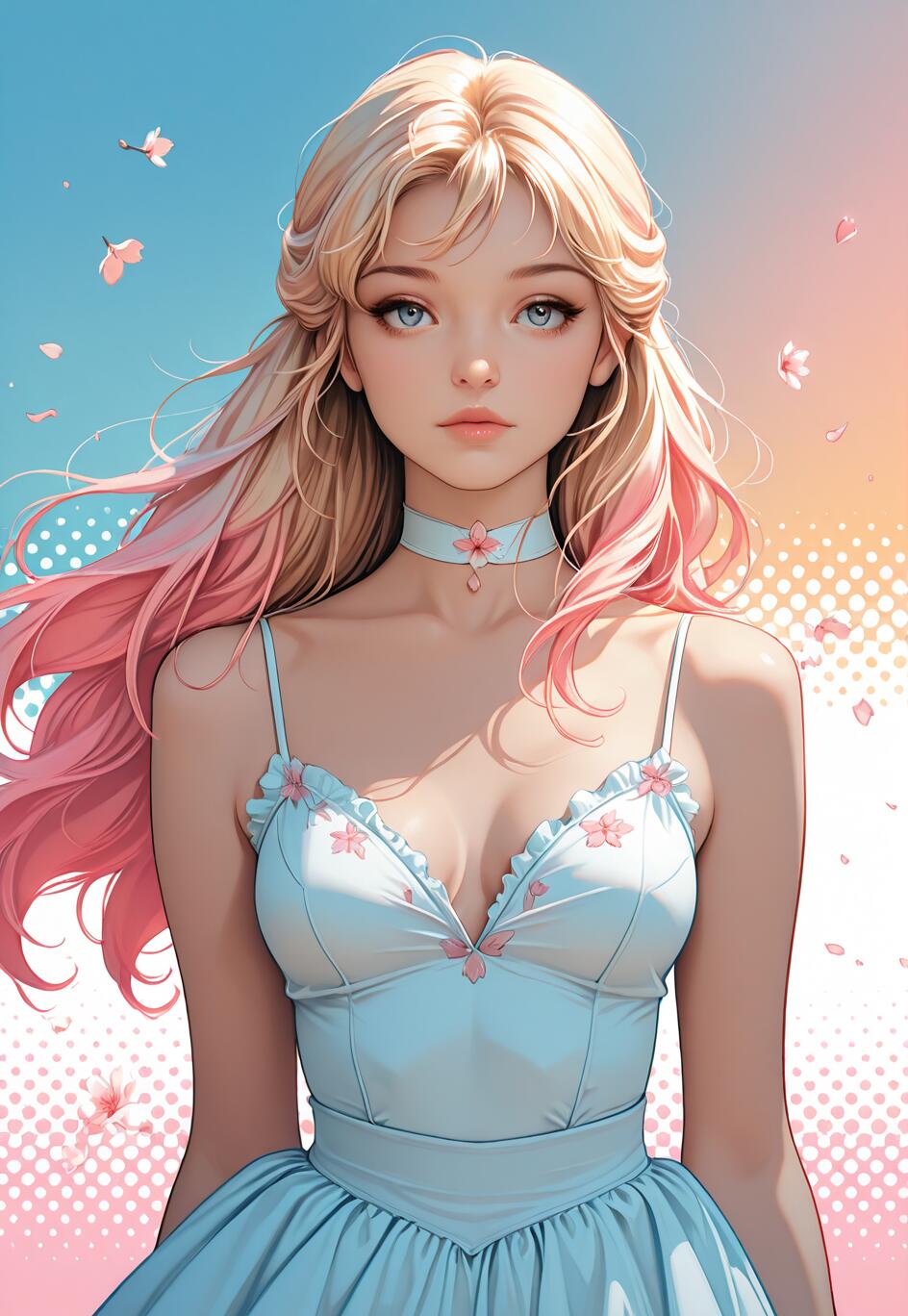 A young woman with long blonde and pink hair and blue eyes, wearing a light blue dress and choker, stands against a gradient sky with floating cherry blossom petals.