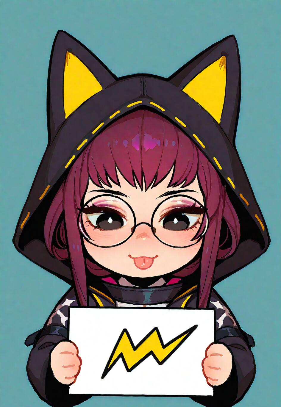 A chibi anime-style illustration of Kafka from Arknights. She has purple hair, round glasses, and is wearing a black cat-ear hoodie. She is sticking her tongue out playfully and holding a white sign with a yellow lightning bolt on it.