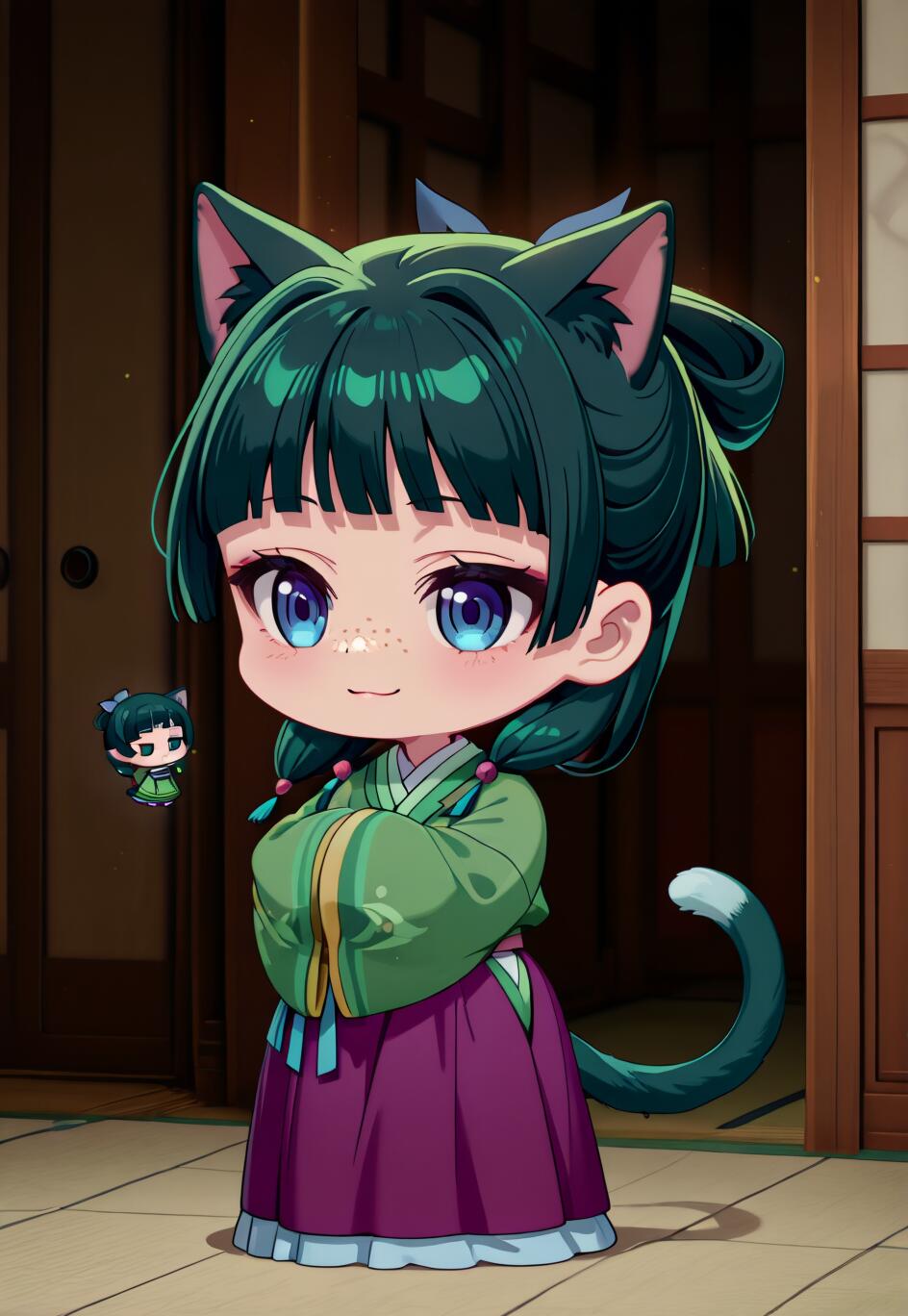 A full-body chibi illustration of the character Maomao from The Apothecary Diaries, reimagined as a cat girl. She has green hair with cat ears and a tail, large blue eyes, and freckles. She is wearing a green and purple traditional outfit and is standing in a room with Japanese-style doors.