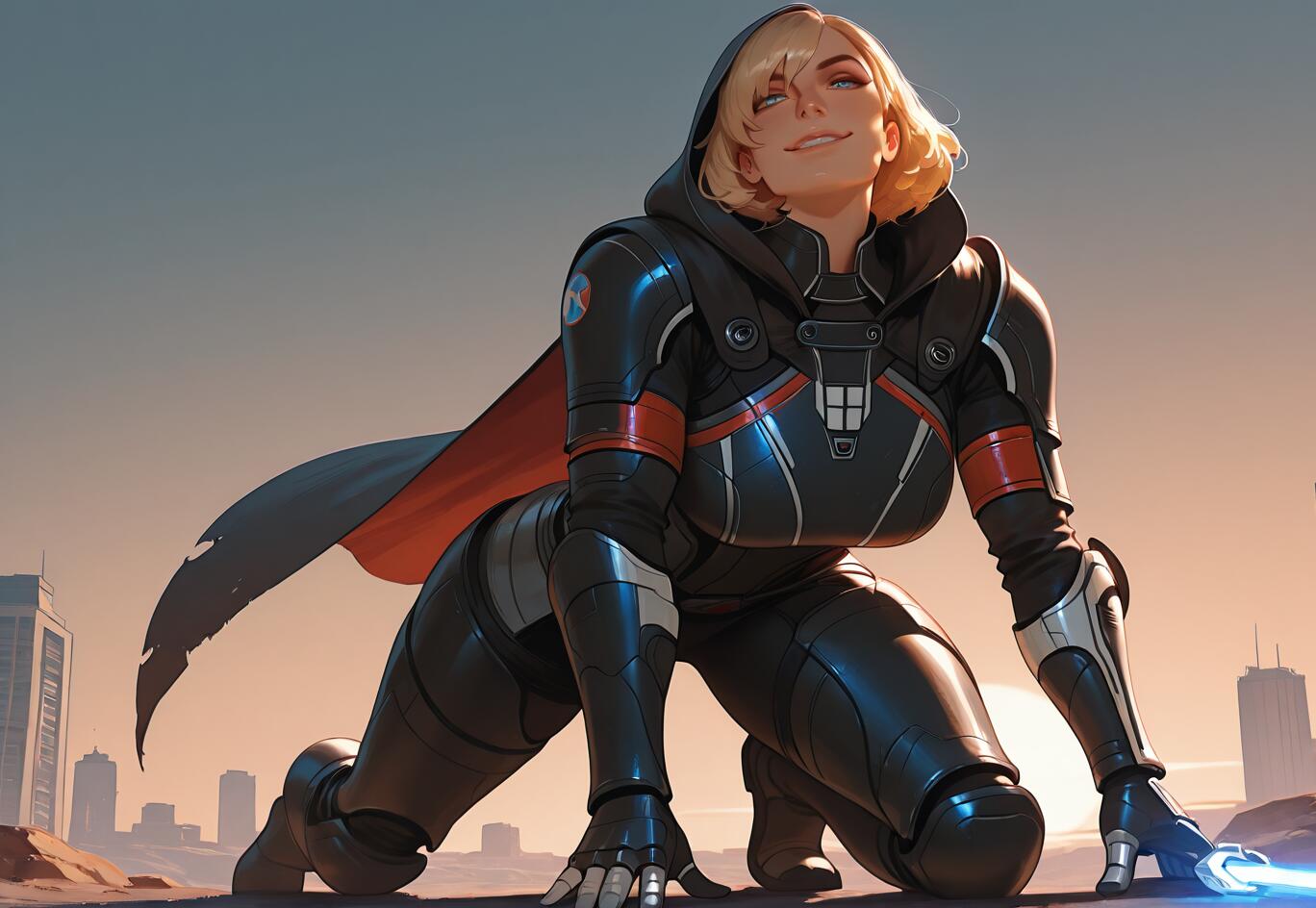 A digital painting of a blonde woman, Commander Shepard, in black futuristic armor with a hooded cloak. She is in a low crouch with a confident smile, with a sci-fi city in the background at sunset.