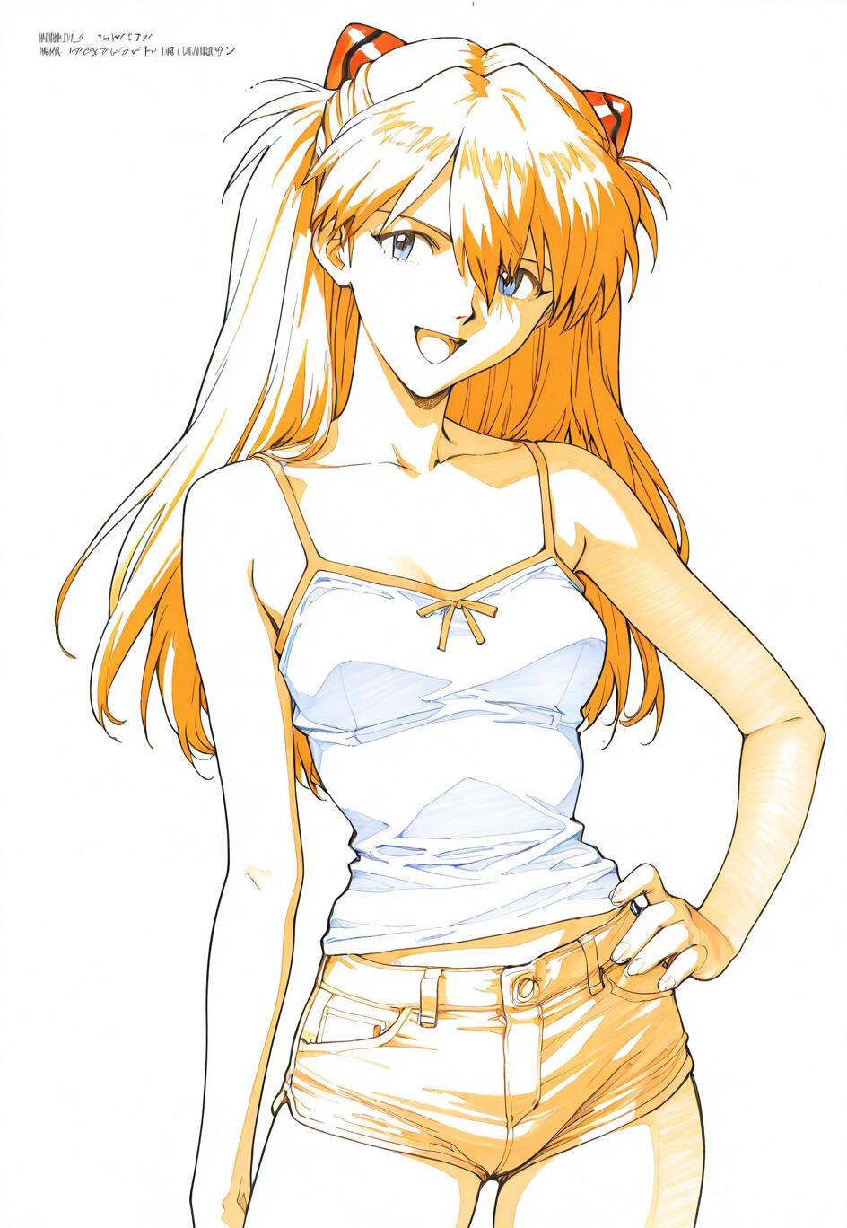 A line art illustration of Asuka Langley Soryu from Neon Genesis Evangelion smiling confidently with her hand on her hip. She has orange hair in pigtails and wears a white camisole and short shorts against a plain white background.