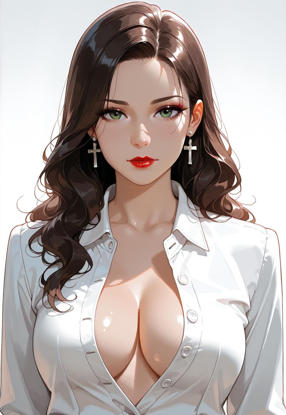 A beautiful woman with long brown hair, green eyes, and red lipstick, wearing an open white collared shirt and silver cross earrings, looking directly at the camera.