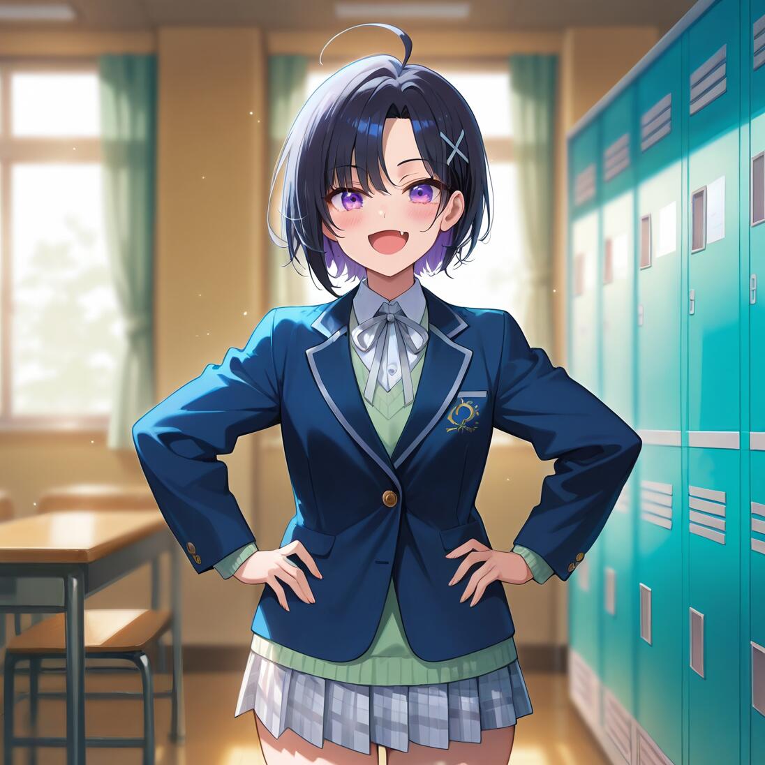 An anime girl with short black and purple hair, purple eyes, and a fang, smiling in her school uniform. She is standing with her hands on her hips in a classroom next to a row of turquoise lockers.