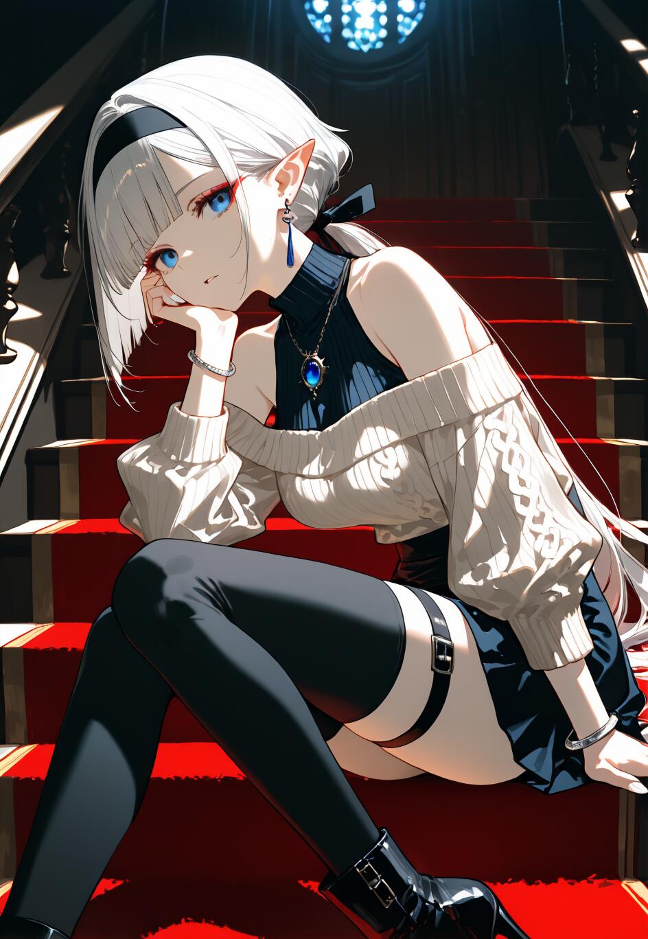 A full-body illustration of a graceful elf girl with long white hair and blue eyes, sitting on a grand staircase with a red carpet. She is wearing a white off-shoulder sweater, a dark skirt, and black thigh-highs, resting her head on her hand in a pensive pose.