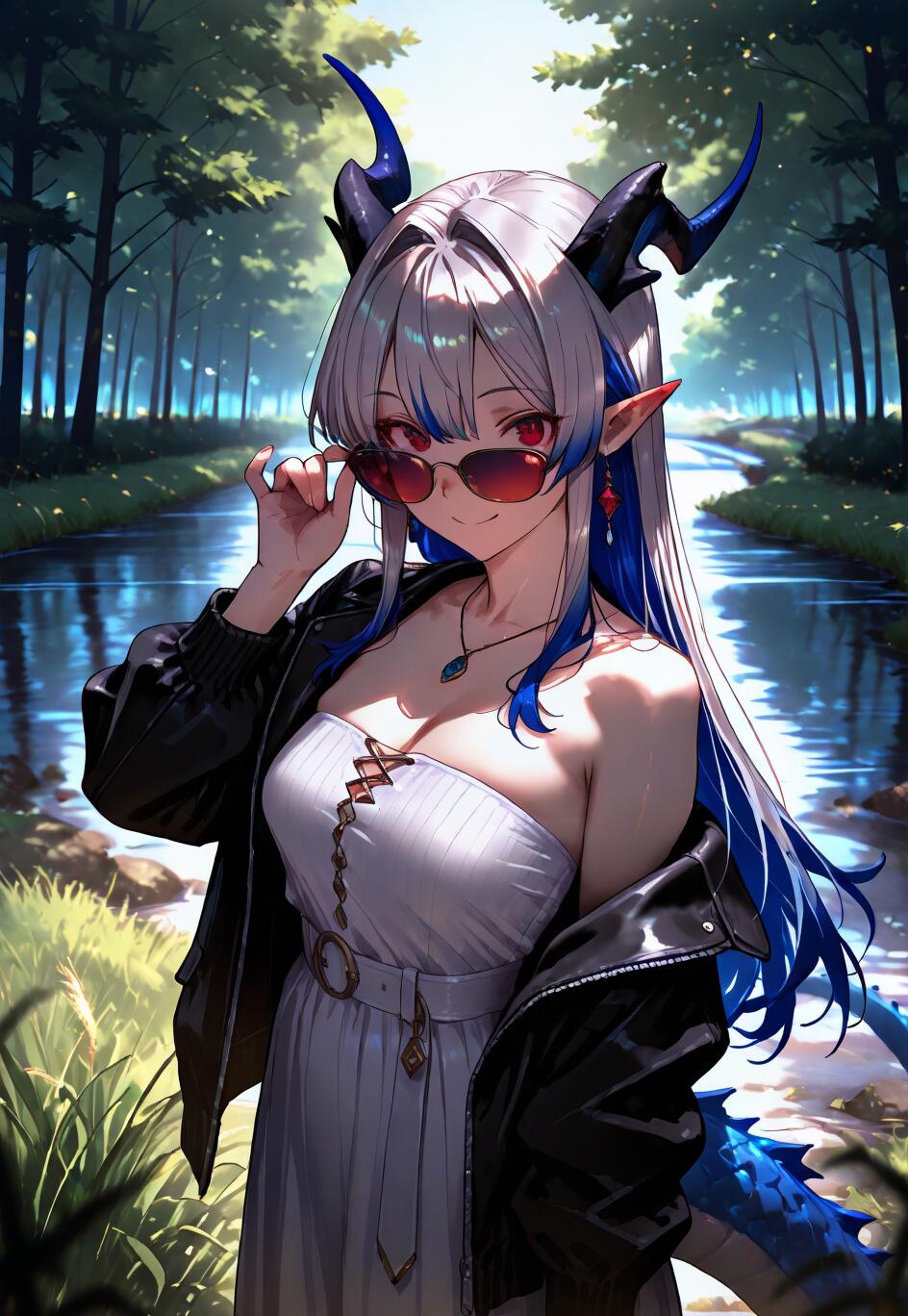 An anime-style illustration of the VTuber Selen Tatsuki as a dragon girl. She has long silver and blue hair, blue horns, and red eyes. She is wearing a white dress, a black jacket, and red sunglasses while smiling by a river in a forest.