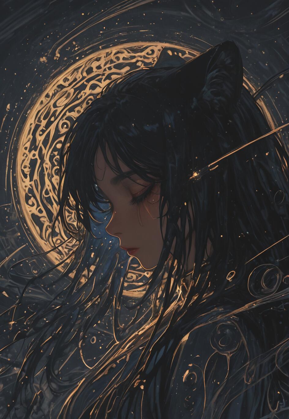 A digital painting of a serene young woman with long black hair and black cat ears, shown in profile. She has her eyes closed against a dark, cosmic background with a large, glowing golden celestial pattern behind her.