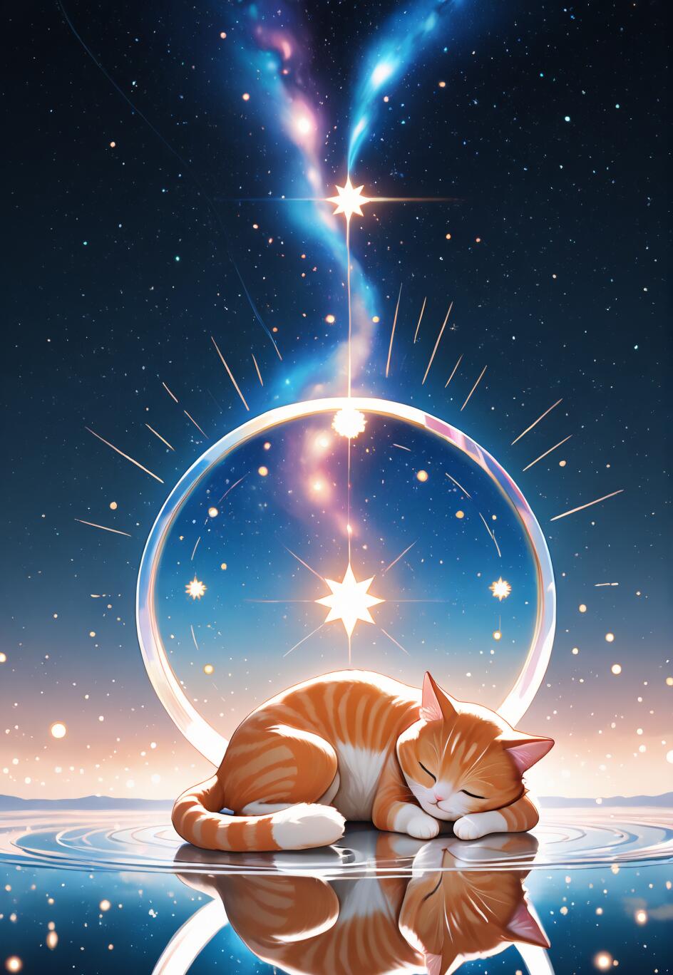 An illustration of a cute orange and white tabby cat sleeping on a reflective water-like surface. The background is a cosmic night sky with a vibrant nebula, countless stars, and a large glowing orb behind the cat.