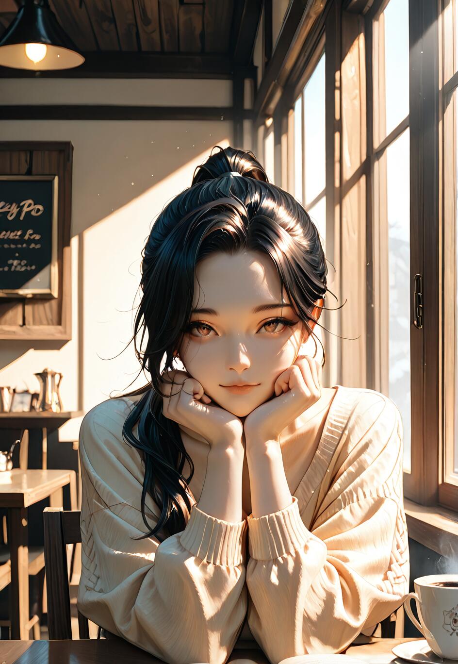 A person with long black hair and hazel eyes sitting by a window in a cozy cafe, bathed in warm sunlight.