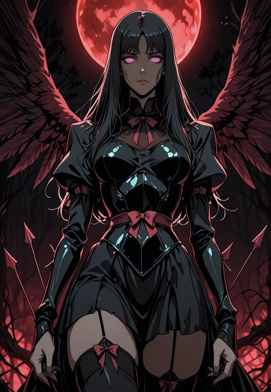 An anime-style illustration of a woman with long black hair, glowing purple eyes, and large dark wings, standing in a dark forest in front of a large red moon. She wears a black gothic outfit with thigh-high stockings.
