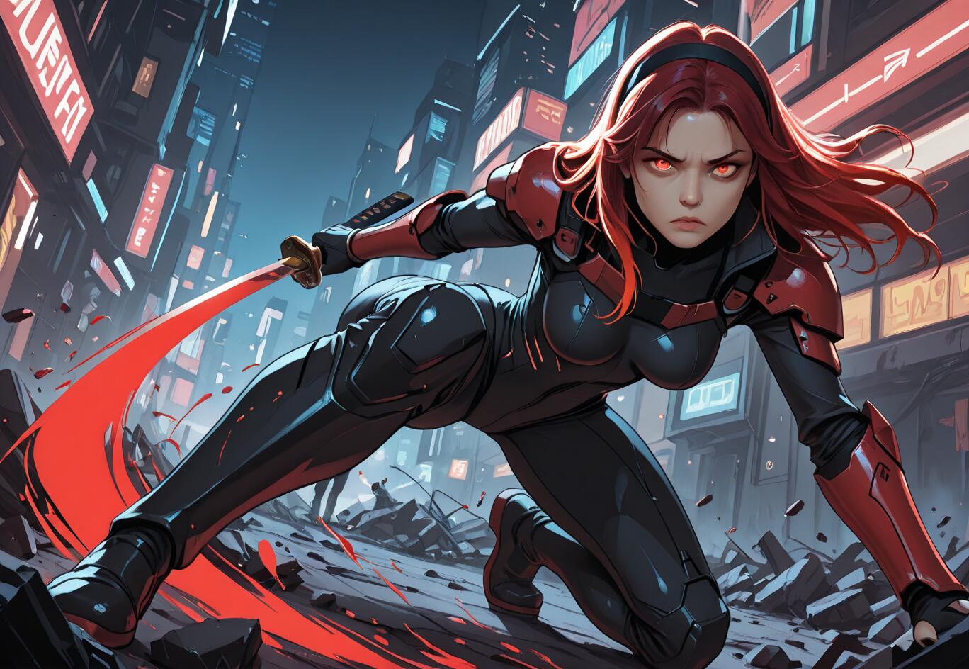 An anime-style female warrior with long red hair and red armor, holding a glowing red katana in a low action pose within a destroyed cyberpunk city at night.