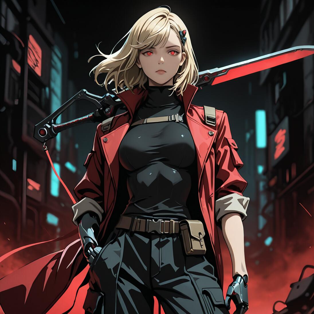 An anime-style illustration of a young woman with blonde hair, red eyes, and cybernetic arms standing in a futuristic city at night. She wears a red coat and black tactical gear, holding a glowing red sword over her shoulder.