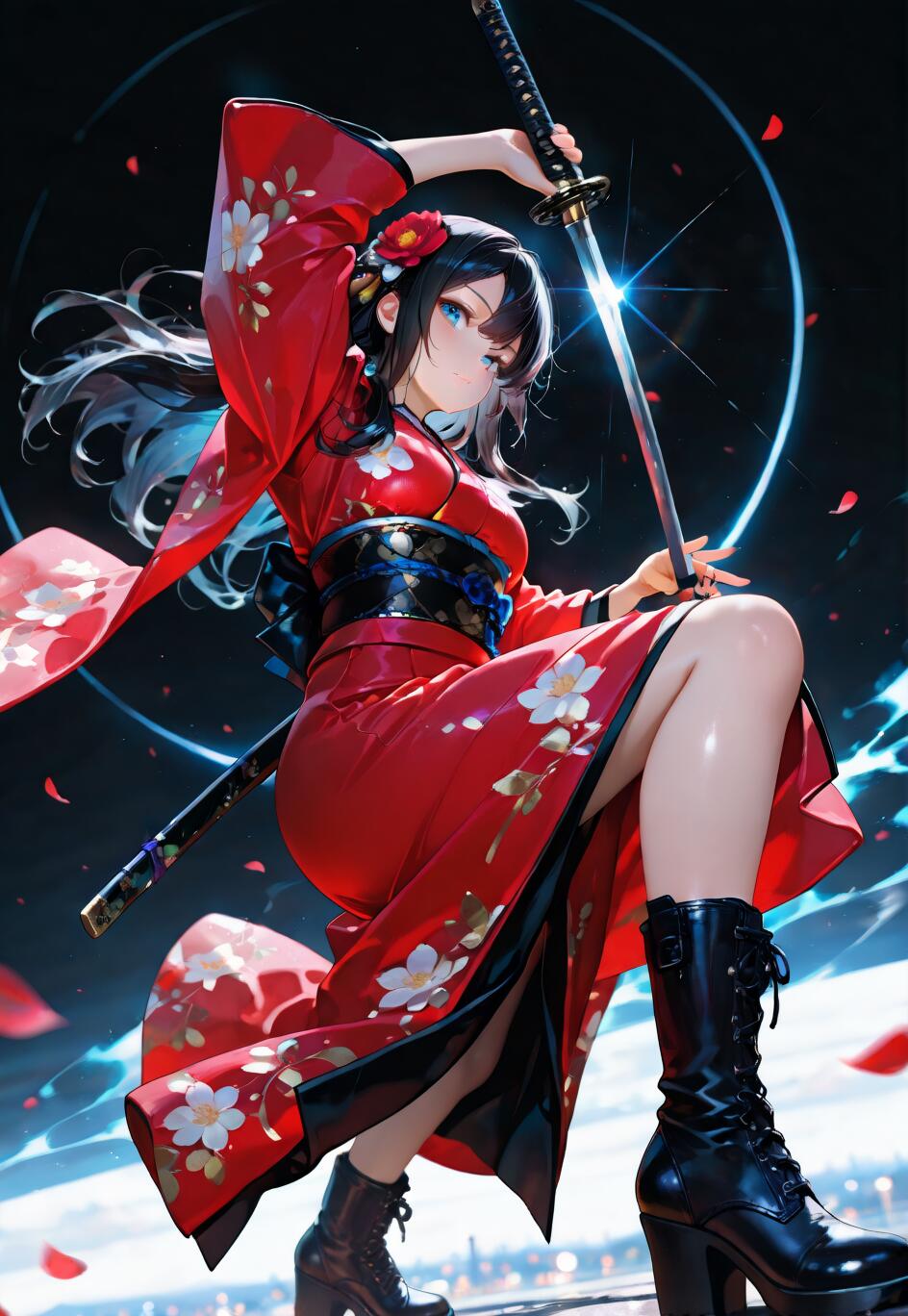 A full-body illustration of a young anime woman in a red floral kimono and black combat boots, holding a katana sword in a dynamic pose against a dark background with blue light effects and red petals.