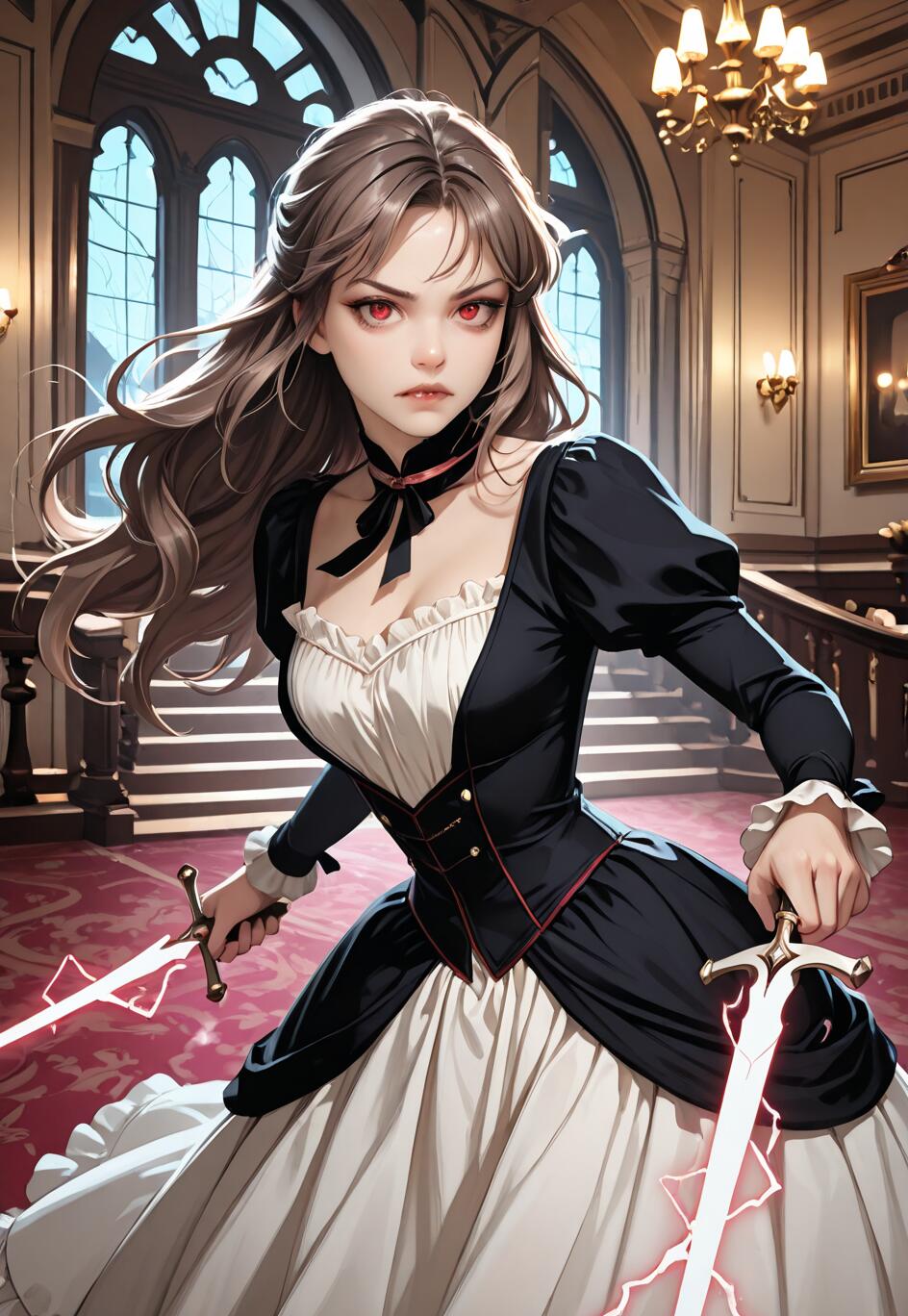 An anime-style woman with long brown hair and piercing red eyes in a black and white Victorian dress, holding two swords glowing with a pink lightning aura inside a grand mansion ballroom.