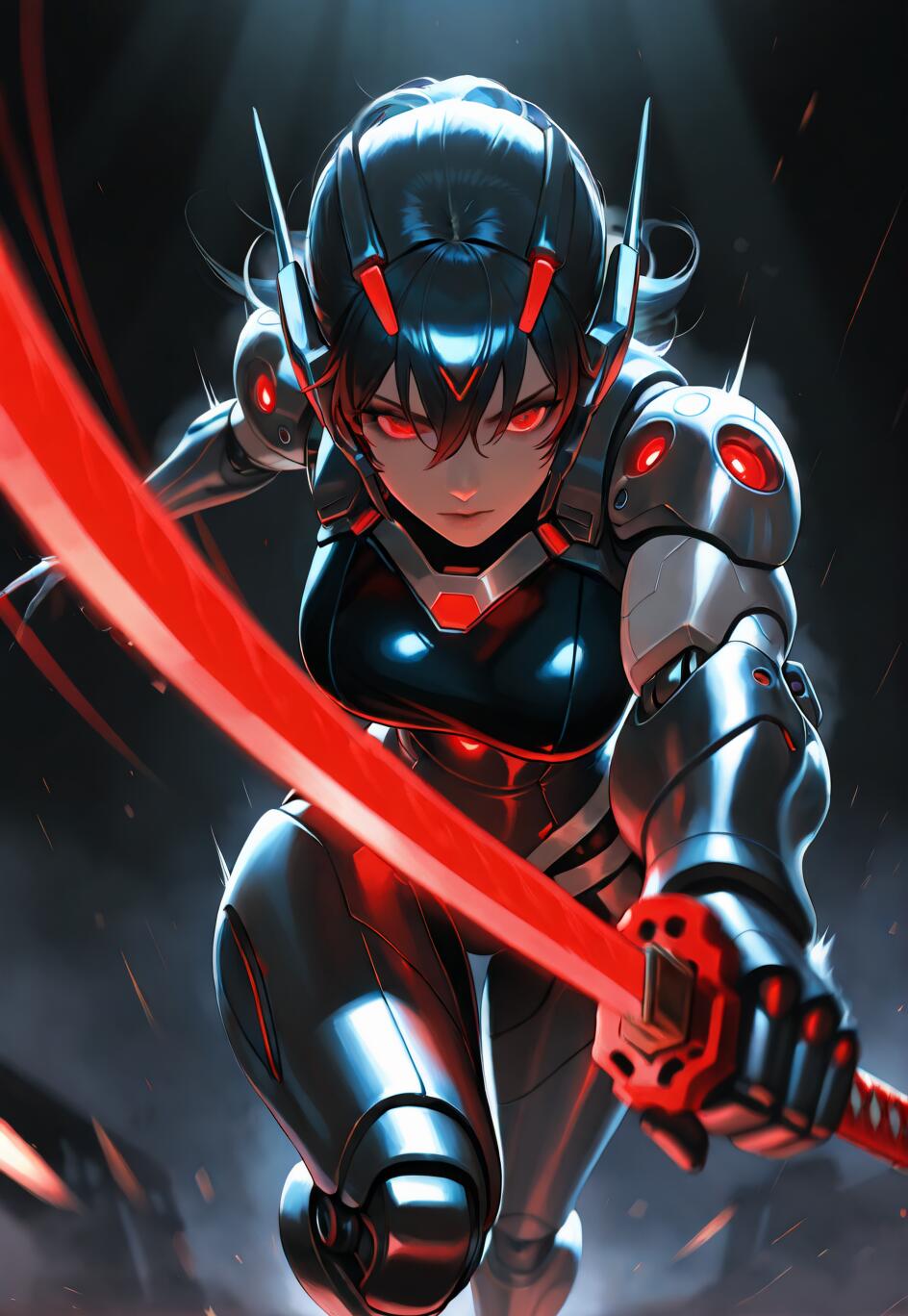 An anime-style female cyborg in dark futuristic armor with glowing red eyes and accents, lunging forward while swinging a bright red energy katana.