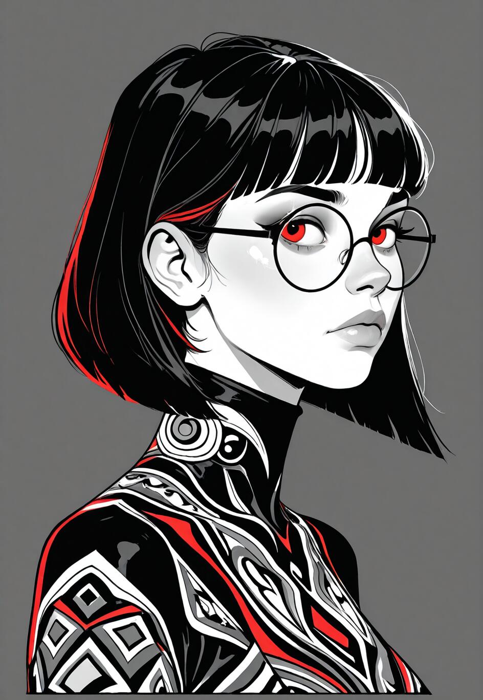 A graphic art portrait of a woman with a short black bob, round glasses, and intense red eyes. She is wearing a high-collared, patterned top in black, white, and red against a grey background.