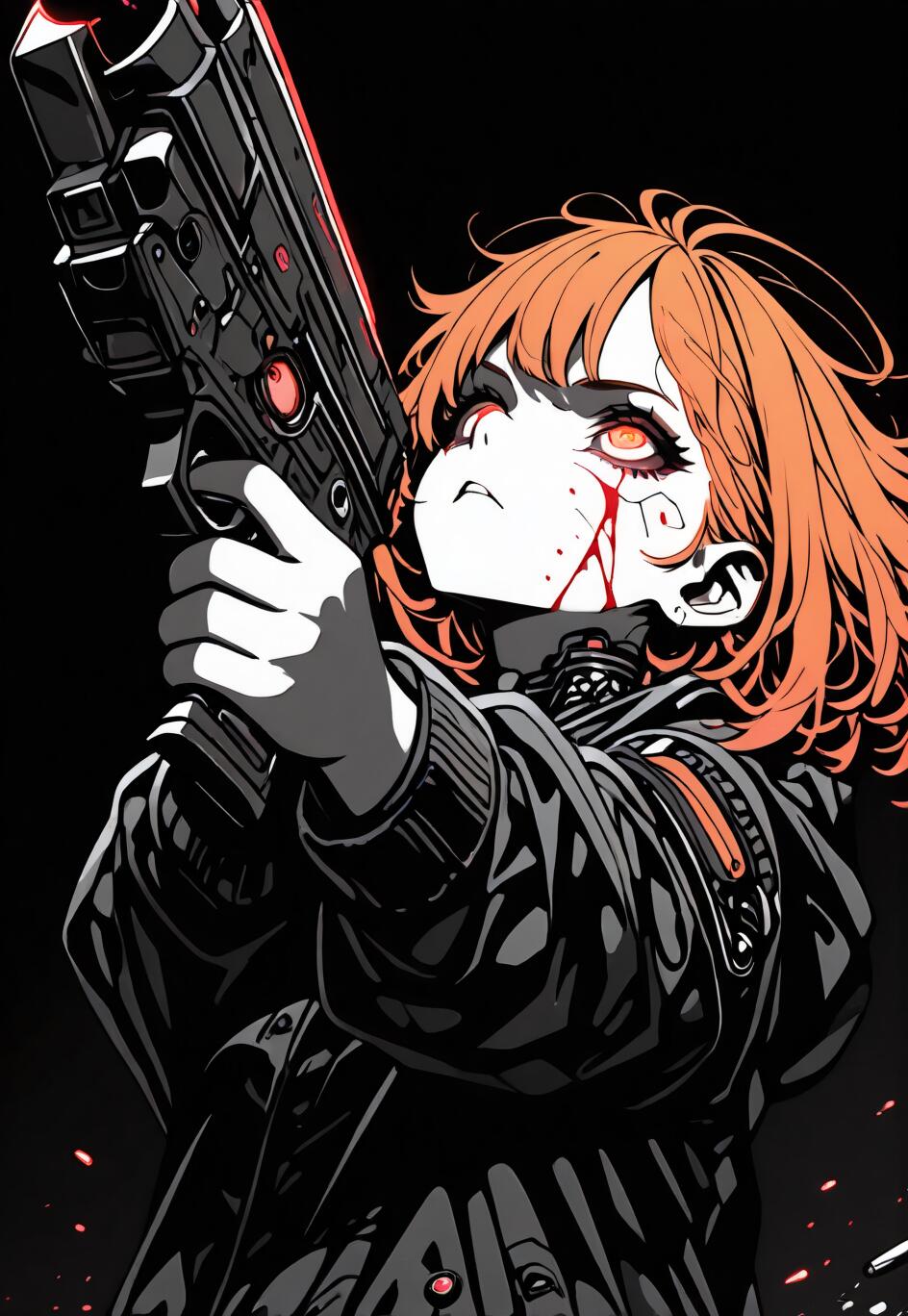A dramatic low-angle illustration of an anime girl with messy orange hair and glowing red eyes aiming a large pistol. She has blood on her face and is wearing a detailed black jacket against a black background.