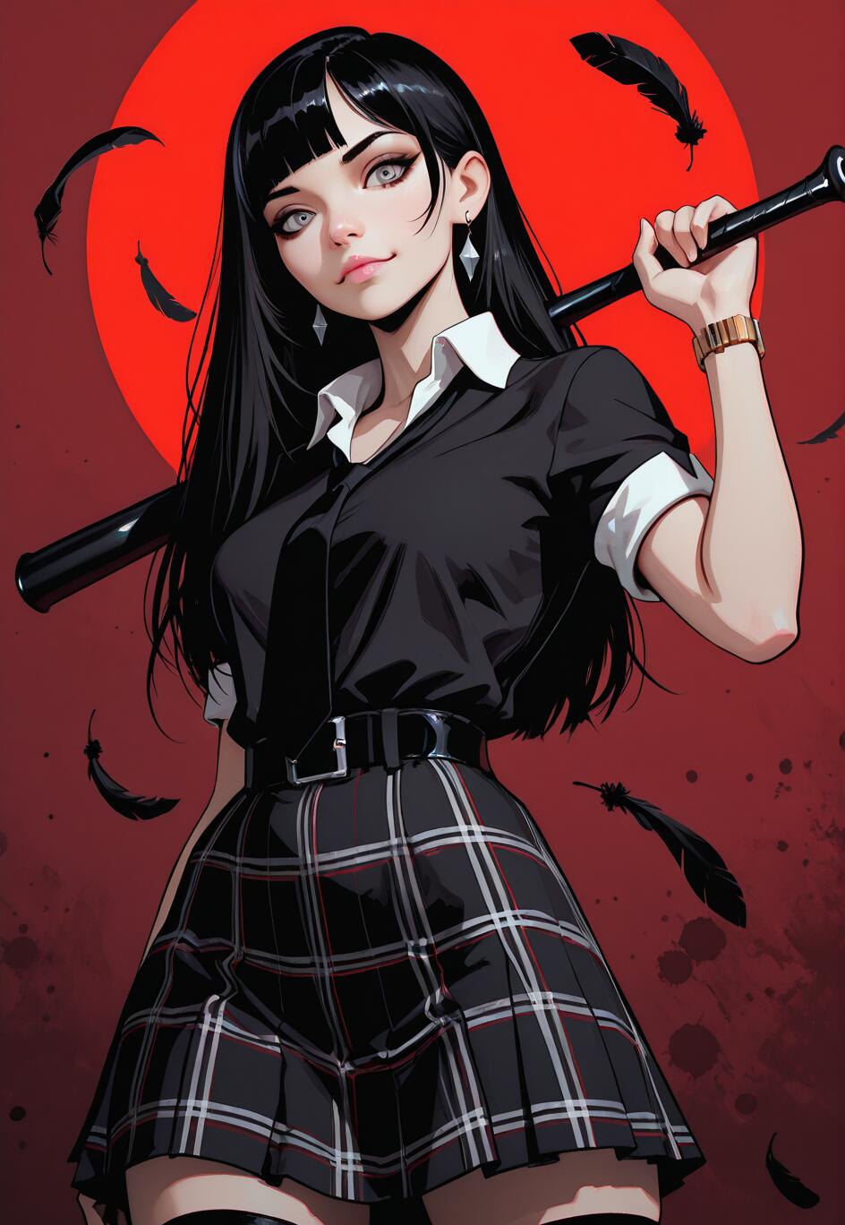 A digital illustration of an anime girl with long black hair and grey eyes, wearing a black shirt and a plaid skirt, holding a baseball bat over her shoulder in front of a red background with floating black feathers.